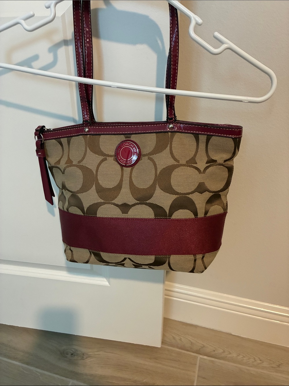 Coach Tan Signature Canvas Tote with Burgundy Leather Trim